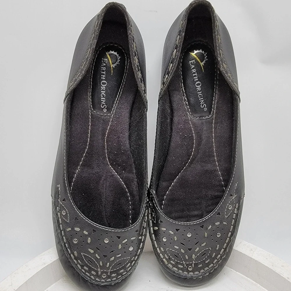 Earth Origins Shoes Womens Sz 6.5 Black Natalie2 Leather Slip-On Ballet Flats